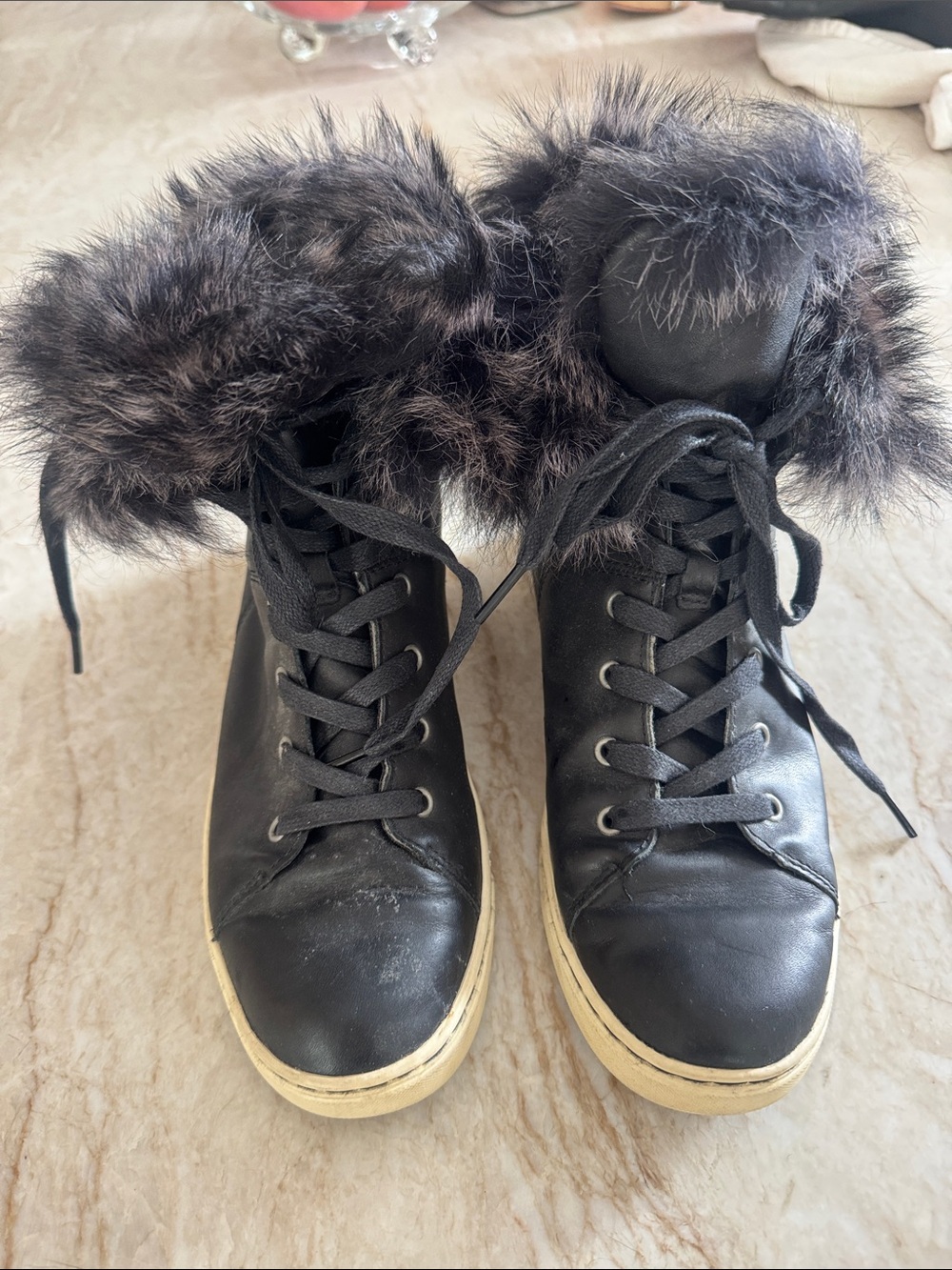 UGG Black Lace-Up Sneakers with Faux Fur Trim